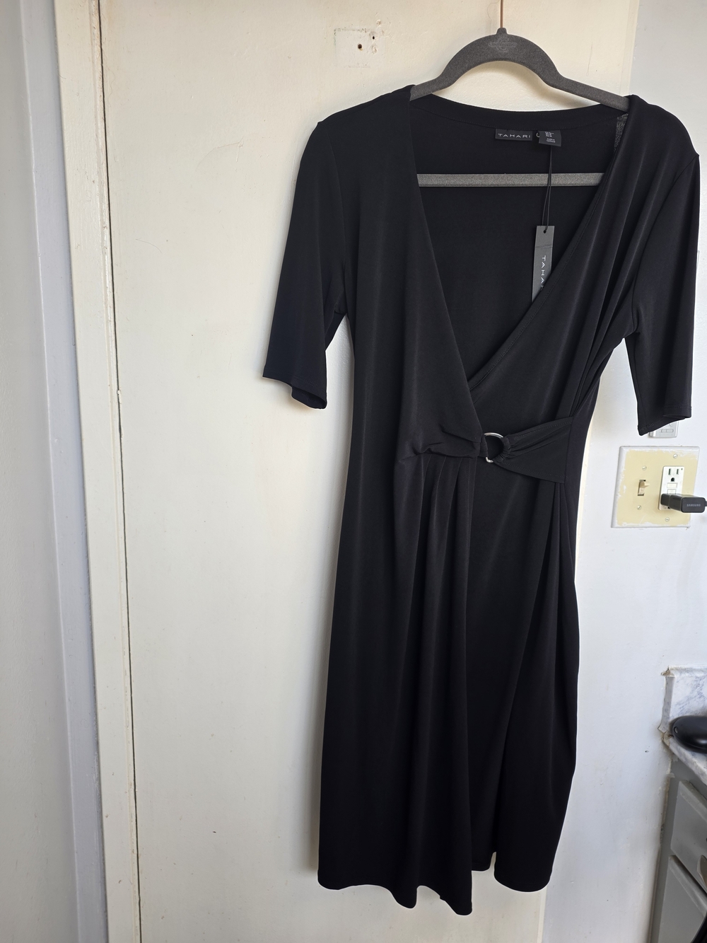 Tahari Black Midi Wrap Dress with D-Ring Detail